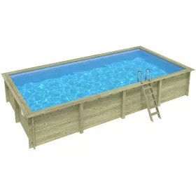   Fa épített medence 850x430x145 cm téglalap alakú úszómedence, kék belső fóliával, betonhoz csavarozott tartókonzolokkal