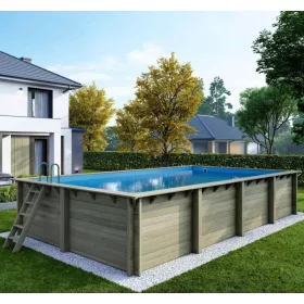   Fa épített medence 850x430x145 cm téglalap alakú úszómedence, kék belső fóliával, keretes kivitelben betonozás nélkül