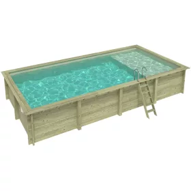   Fa épített medence 850x435x145 cm téglalap alakú úszómedence, homok színű belső fóliával, betonozáshoz való tartókkal és beépített napozóval
