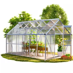 Melegház aluminium keretes polikarbonát üvegház 375x185x195cm 3,5 m²  horganyzott acél alappal