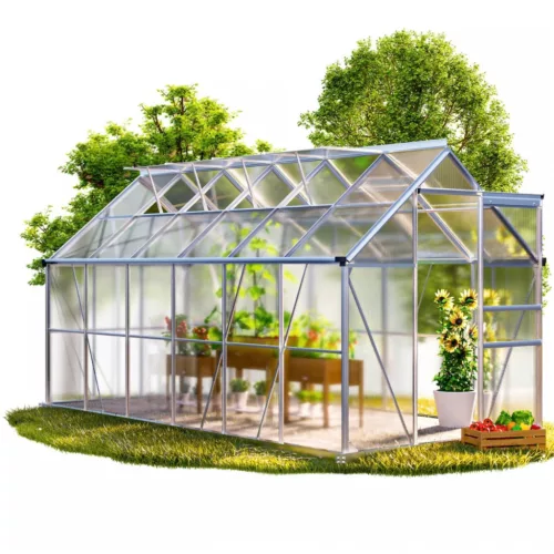 Melegház aluminium keretes polikarbonát üvegház 375x185x195cm 3,5 m²  horganyzott acél alappal