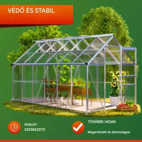 Melegház aluminium keretes polikarbonát üvegház 375x185x195cm 3,5 m²  horganyzott acél alappal