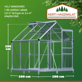 Melegház aluminium keretes polikarbonát üvegház 190x195x195cm 3,7m² horganyzott acél alappal