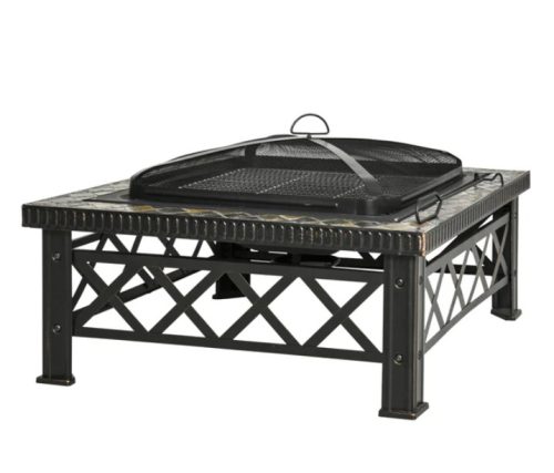 Mobile fire pit with spark arrester, gridded garden grill BBQ black 76x76x47 cm