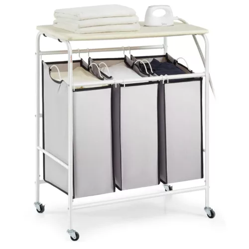 3 részes gurulós szennyestartó vasalódeszkával 23 kg teherbírású mosodai kocsi többfunkciós szennyestartó láda 