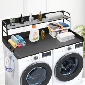   Mosógépre helyezhető munkalap kétpolcos tárolóval fekete 1370x700 mm mosókonyhai munkafelület