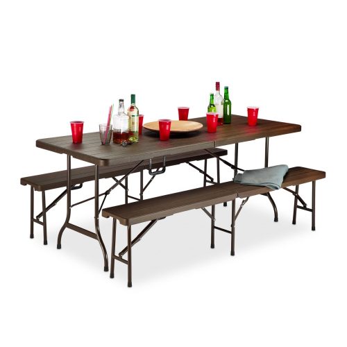 Folding large garden picnic camping table with benches, wood effect 