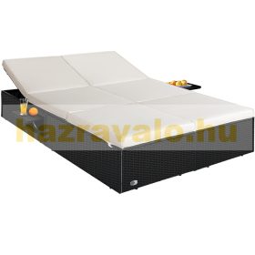   Polirattan napozóágy 200x115x33 cm kétszemélyes napágy állítható háttámlával 2 kihajtható kisasztallal fekete-bézs