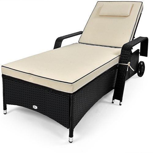 Polirattan sunbed wheeled sunbed with adjustable backrest, armrests, black-beige