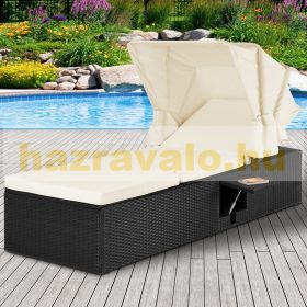   Polirattan napozóágy 195x60x39 cm napágy napellenző fekete-bézs