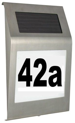 Napelemes lámpa világító házszám. Kültéri kivitel, lapos forma, rozsdamentes acél 2 db LED világítás. Vízálló és madármentes kivitel
