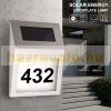 Solar lamp illuminating house number in small size. Outdoor design, flat shape, stainless steel, 2 LED lights. Waterproof and bird-proof design