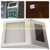 Solar lamp illuminating house number in small size. Outdoor design, flat shape, stainless steel, 2 LED lights. Waterproof and bird-proof design