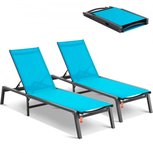 Összecsukható alumínium napozóágy 182x60 cm dönthető strandágy 2 darabos szett kék 