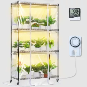   4 szintes növényállvány növénylámpával és üvegházborítással 180W 90x35x150cm