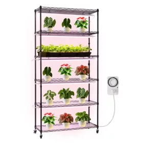   Növényállvány LED növénylámpával 90x35x180 cm 6 szintes gurulós növénynevelő állvány időzítővel