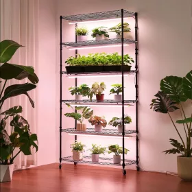   Növényállvány LED növénylámpával 90x35x180 cm 6 szintes gurulós növénynevelő állvány időzítővel