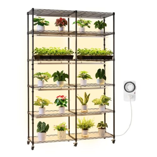 Növényállvány LED növénylámpával 120x35x180 cm 6 szintes, dupla soros növénynevelő állvány időzítővel