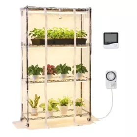   Növényállvány LED növénylámpával és mini üvegházzal 90x35x150 cm 4 szintes növénynevelő állvány időzítővel