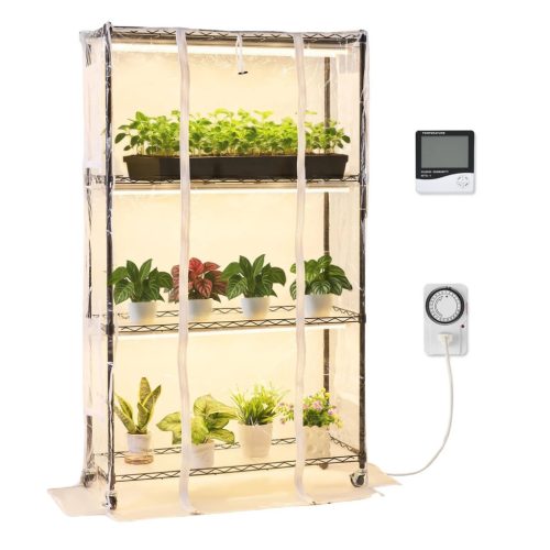 Növényállvány LED növénylámpával és mini üvegházzal 90x35x150 cm 4 szintes növénynevelő állvány időzítővel