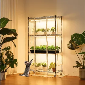  Növényállvány LED növénylámpával és mini üvegházzal 90x35x150 cm 4 szintes növénynevelő állvány időzítővel