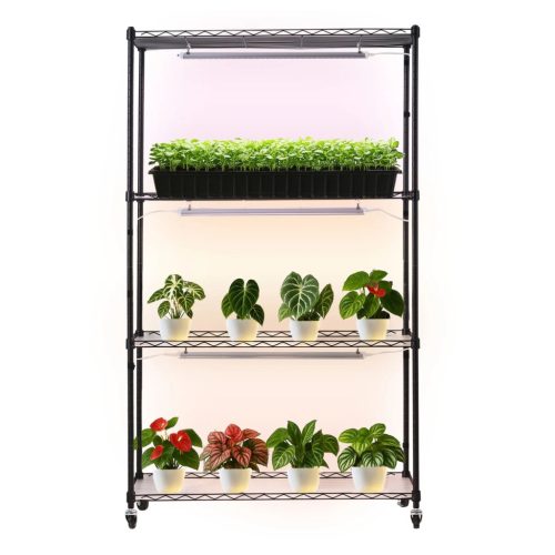 Növényállvány LED növénylámpával 90x35x150 cm gurulós növénynevelő állvány beltéri kertészkedéshez