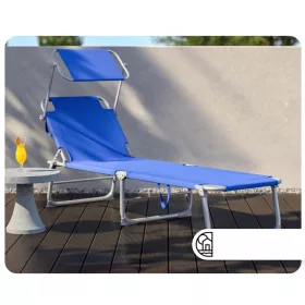   Összecsukható kerti napozóágy napellenzővel 195x60x30 cm kék alumínium kerti nyugágy