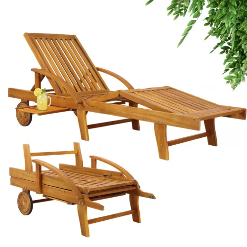 Összecsukható nyugágy állítható akácfa kerti napozóágy kihúzható asztallal és kerekekkel