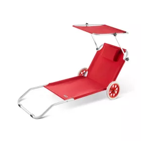   Kerti napozóágy kerekekkel és napellenzővel strandszék alumínium piros kültéri nyugágy