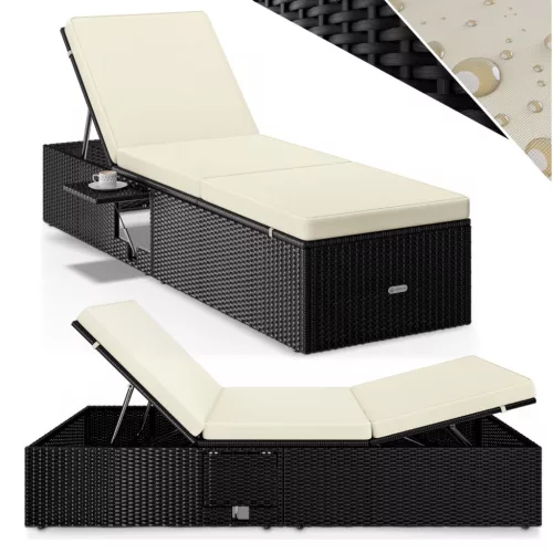 Polyrattan kerti napozóágy 200x58x33cm fekete/krém kültéri nyugágy