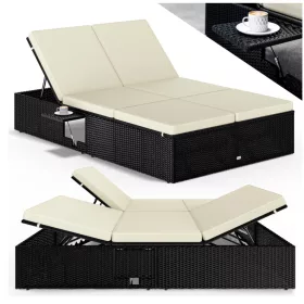   Polyrattan kerti napozóágy dupla fekvőfelülettel 200x115x33 cm fekete/krém 