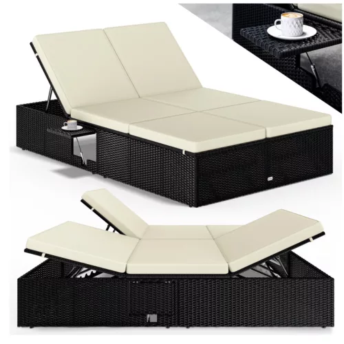 Polyrattan kerti napozóágy dupla fekvőfelülettel 200x115x33 cm fekete/krém 