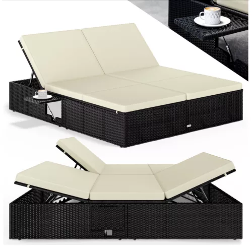 Polyrattan kerti napozóágy XXL dupla 200x160x33 cm fekete/krém 