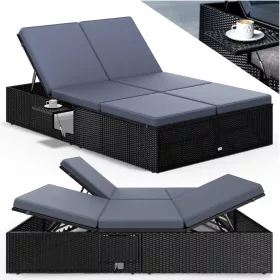   Polyrattan kerti napozóágy dupla fekvőfelülettel 200x115x33 cm fekete/antracit 