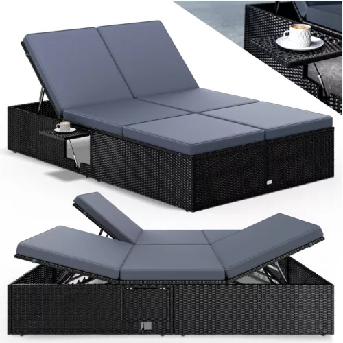 Polyrattan kerti napozóágy dupla fekvőfelülettel 200x115x33 cm fekete/antracit 