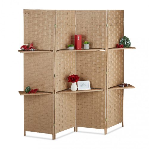 Indoor partition screen 170x180 cm beige 4 partition panels with shelves