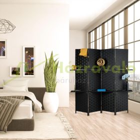   Beltéri térelválasztó paraván 180x180 cm fekete 4 darab térelválasztó panel polcokkal
