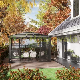   Luxus pavilon kerti sátor 365x300x262 cm fekete-bézs partisátor polikarbonát tetős rendezvénysátor