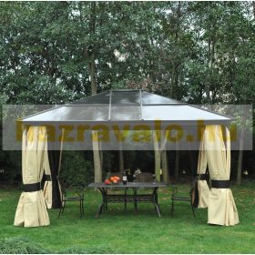   Luxus alumínium pavilon kerti sátor 420X360 cm üreges polikarbonát tetővel oldalfallal barna-bézs színben