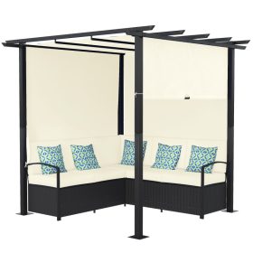   Polirattan kerti bútor garnitúra pergolával 230x230x210 cm időjárásálló kanapé szett levehető huzatokkal 