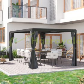   Pergola 300x300x220 cm árnyékoló kerti pavilon behúzható tető négy függöny alumínium keret sötétszürke