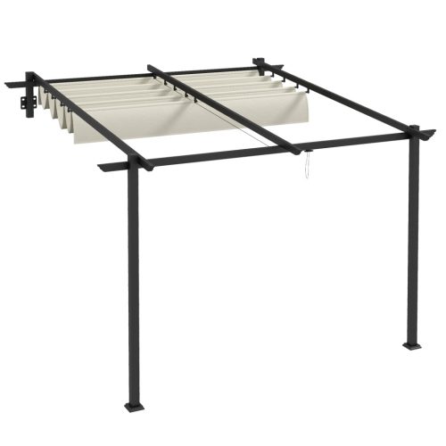 Pergola 300x300 cm falhoz rögzíthető pergola kihúzható tetővel UV-védett, vízlepergető, alumínium vázas kerti pavilon, krémfehér