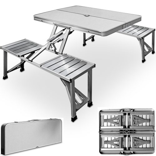 Folding aluminum camping table for 4 people, picnic table with umbrella holder, suitcase table