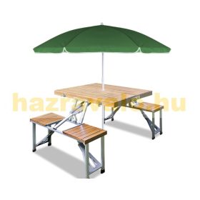   Összecsukható kempingasztal 4 fő számára, piknikasztal napernyőtartóval fa és alumínium 