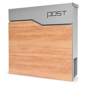  Postaláda ezüst és fa hatású újságtartós levélszekrény 37x37x10,5 cm modern postaláda újságtartóval