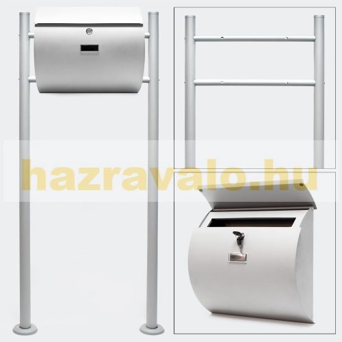 Front yard letter box letterbox standing on tripod legs in curved silver color, modern look 