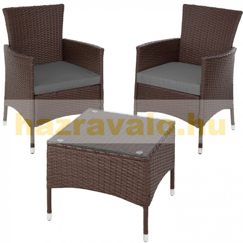 Rattan kerti ülőgarnitúra acél vázas garnitúra 2 szék, 1 asztal üveglappal, cserélhető párnahuzattal barna színű Rattan kerti ülőgarnitúra acél vázas garnitúra 2 szék, 1 asztal üveglappal, cserélhető párnahuzattal barna színű