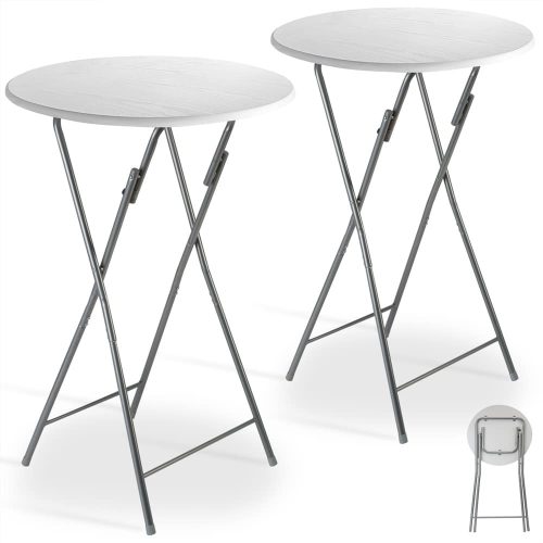 Event table, set of two, made of white MDF material, 110 cm high, 60 cm in diameter, for example weddings, standing receptions, garden parties