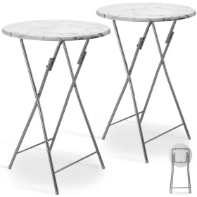   Rendezvény asztal két drarabos szett fehér MDF anyagból 110 cm magas 60 cm átmérőjű márvány mintás például esküvő, álló fogadás kerti parti