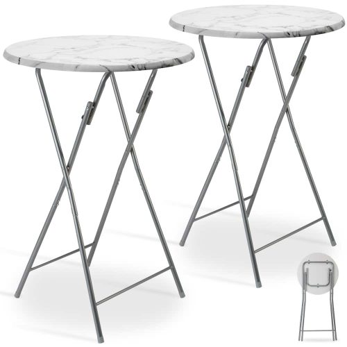 Event table, two-piece set of white MDF material, 110 cm high, 60 cm diameter, with a marble pattern, for example, weddings, standing receptions, garden parties